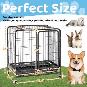 26 Inches Durable Cat Cage With Thickened Wire Cat Fence Interior With Double Doors, Lockable Wheels And Slide-Out Tray, Black (Color: Black)