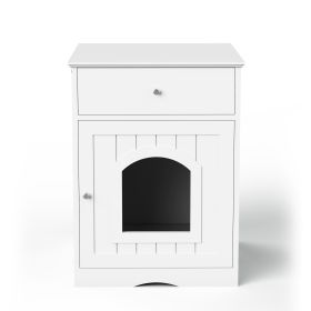 Wooden Pet House Litter Box Fence With Drawers, Side Table, Indoor Pet Cage, Cat Home Bedside Table - White (Color: White)