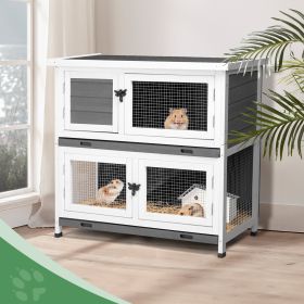 2 Floors Solid Wood Rabbit Cage With 2 Large Main Rooms, Indoor And Outdoor Rabbit House Guinea Pig Cage, Small Animal Pet House With 2 Removable (Color: Grey)
