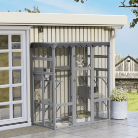 Outdoor Cat House Big Catio Wooden Feral Cat Shelter Enclosure With Large Spacious Interior, 6 High Ledges, Weather Protection Asphalt Roof (Color: Grey)